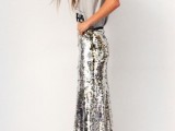 a silver sequin maxi skirt with a train is a lovely modern idea to rock, it can be worn by the bride to look wow