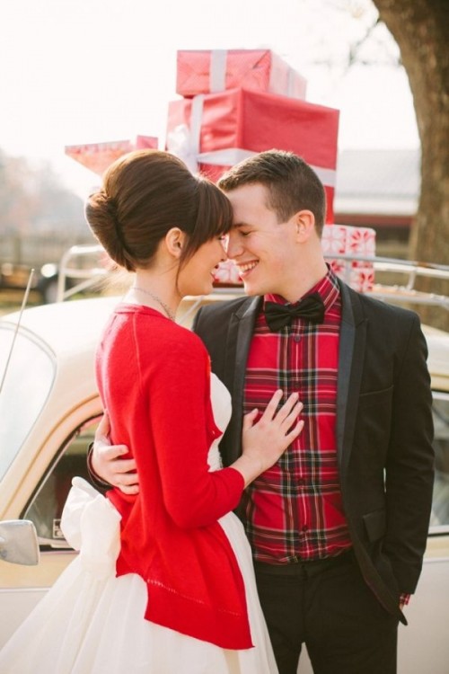 a black tux spruced up with a red plaid shirt is a great idea for a Christmas groom's look