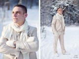 an all-neutral groom’s look with a tan three-piece suit, a white button down, a tie, a white scarf and white boots