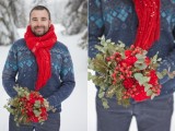 grey pants, a blue printed sweater, a red scarf will compose a cool and chic groom’s look
