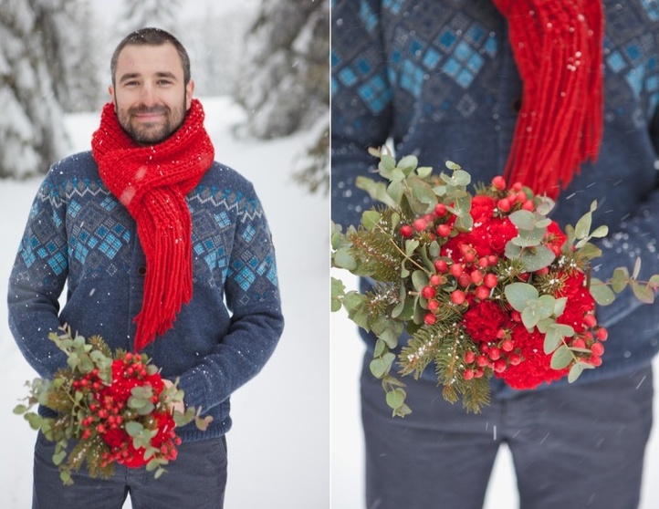 grey pants, a blue printed sweater, a red scarf will compose a cool and chic groom's look