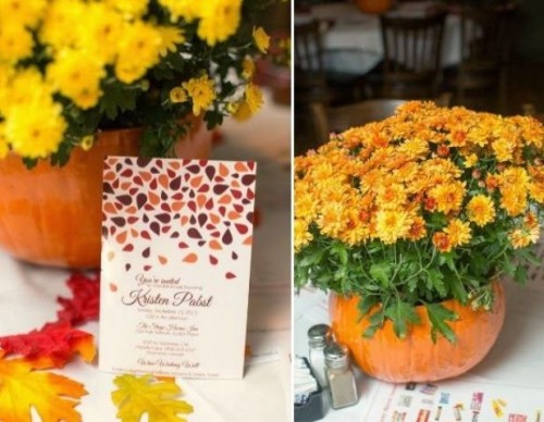 a cute fall bridal shower centerpiece of a pumpkin and bright blooms will also fit a fall wedding