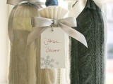cozy up wine bottles using knit cover ups and ribbons and tags and give them as your wedding favors – this is a lovely idea for a winter wedding