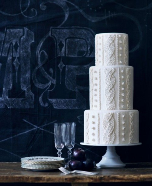 a white wedding cake decorated with traditional knit patterns is a lovely idea for a cozy winter or Christmas wedding, it doesn't need any other detailing