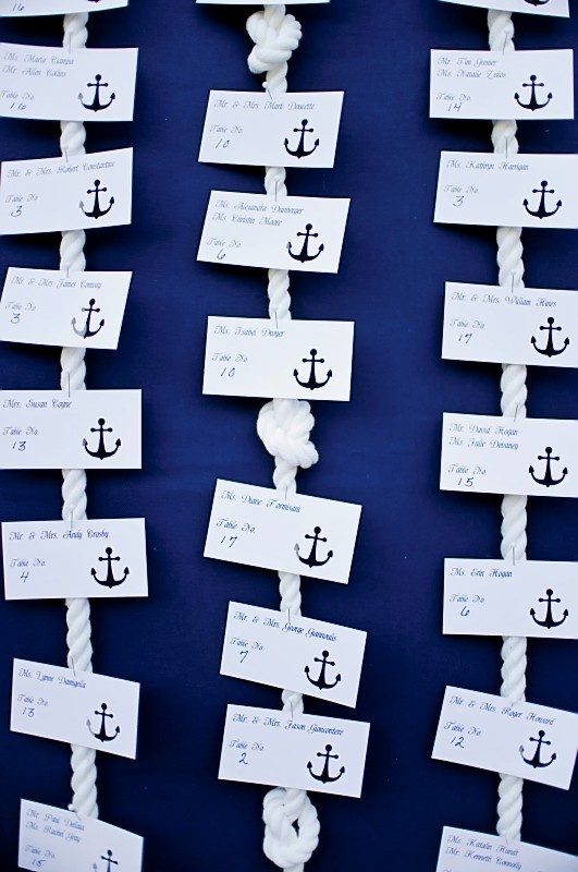 a navy backdrop with rope with knots and nautical cards with anchors is a bold and contrasting way to go for