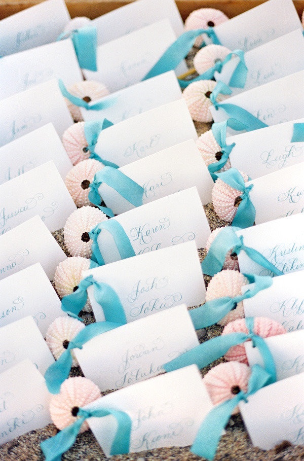 a box with beach sand and pink sea urchins with escort cards attached with blue ribbons is a cool idea