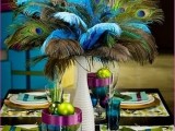 a white vase with colorful peacock feathers, glass bowls with bright ornaments for an artistic New Year wedding
