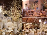 a simple centerpiece with gilded branches in a vase, LEDs and mini lights for a winter wedding