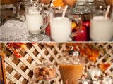 a milk and cider bar with donuts is a very cozy and delicious bar idea for a fall wedding, it will brign a rustic and casual feel
