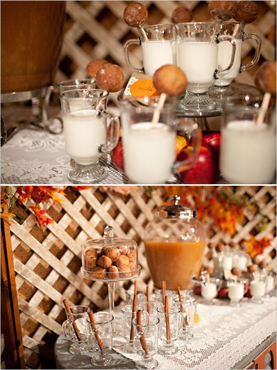 A milk and cider bar with donuts is a very cozy and delicious bar idea for a fall wedding, it will brign a rustic and casual feel