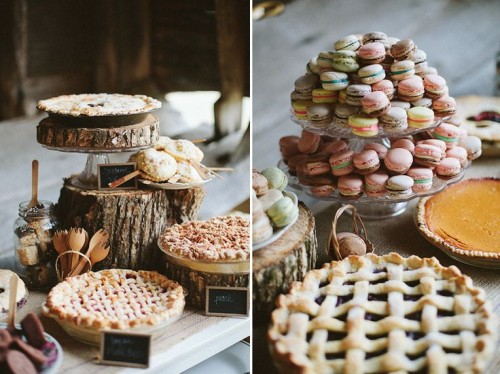 a fall wedding dessert table with homemade pies, macarons and cookies on wood slice stands