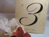 a leaf and bloom printed table number card is a cool and easy piece to add to a centerpiece