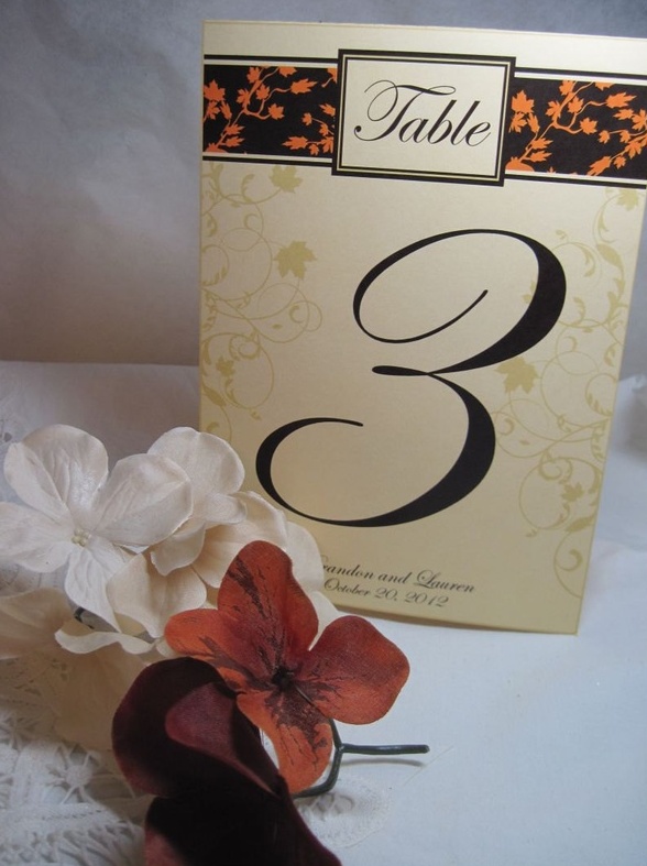 A leaf and bloom printed table number card is a cool and easy piece to add to a centerpiece