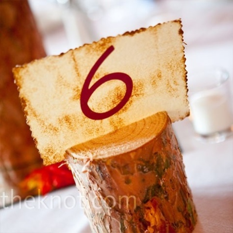 a tree stump with a printed table number is a nice bold decoration you may rock for your fall wedding
