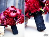 a burgundy peony Halloween wedding bouquet with a refined black embellished wrap