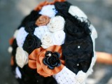 a Halloween bouquet of fabric flowers – white, orange, black ones with beads is a stylish idea that is eco-friendly