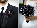 a deep purple calla bouquet with black feathers and a matching boutonniere are a stylish combo for a modern Halloween wedding