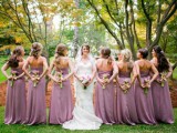 strapless mauve maxi bridesmaid dresses with sashes and ruffles are a delicate and unusual idea