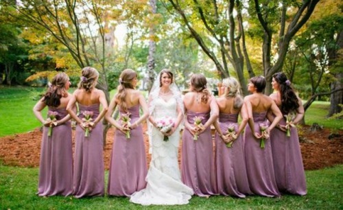 strapless mauve maxi bridesmaid dresses with sashes and ruffles are a delicate and unusual idea