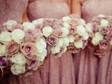 wedding bouquets of white and mauve roses for a chic and stylish look at the wedding