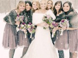 mauve knee gals’ dresses with faux fur coverups are chic and non-typical for bridesmaids