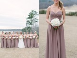 strapless mauve maxi dresses with draped bodices for bridesmaids are a great idea
