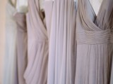 delicate mismatching mauve draped bridesmaid maxi dresses will be a nice choice for your wedding