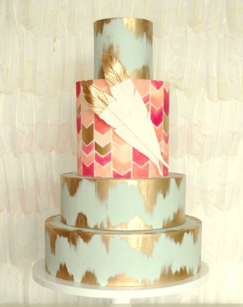 a bright mint and gold lead wedding cake with a colorful geometric tier and some gilded edge feathers