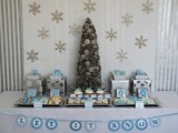 cupcakes and cookies in blue and white and a dessert table styled with blue ornaments and silver snowflakes