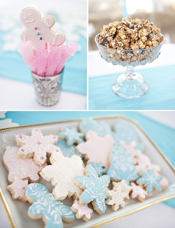 snowflake and men gingerbread cookies with pastel icing are very cool and unsuaul to style your winter wedding dessert table