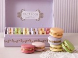 a lilac box with lots of colorful macarons is a refined and cool idea for a modern wedding, an easy way to serve them