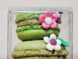 a clear box with green macarons and bright blooms is a lovely idea of a wedding favor, it’s pretty and easy