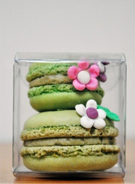 a clear box with green macarons and bright blooms is a lovely idea of a wedding favor, it's pretty and easy
