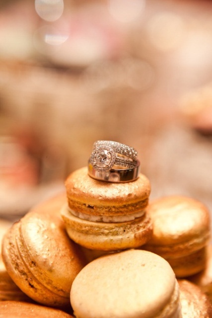 small macarons used to display your wedding bands are a cool idea for any wedding