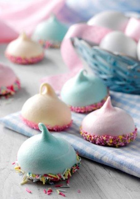 pasel meringue kisses with funfetti on the edges are always a great idea for a wedding dessert table or as wedding favors