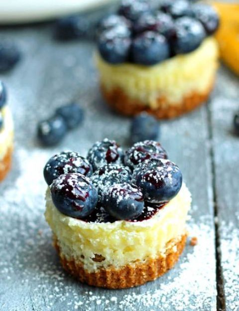 mini cheesecakes topped with sugared blueberries are delicious and tasty desserts to go for