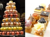 a macaron tower and delicious mini desserts topped with cream, berries, fruits