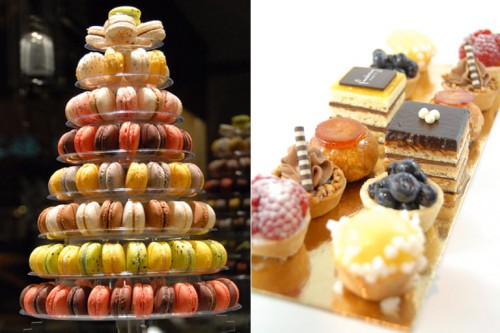 a macaron tower and delicious mini desserts topped with cream, berries, fruits