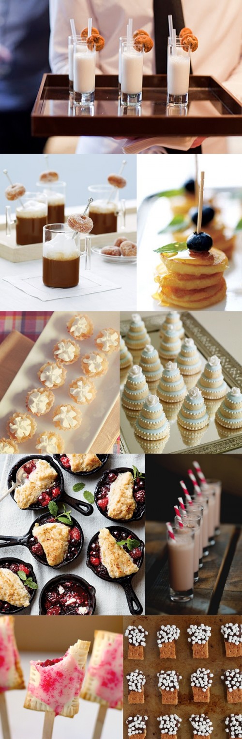 sweet summer wedding appetizers  - donuts, mini pancakes on skewers and baked pops are great for a brunch wedding
