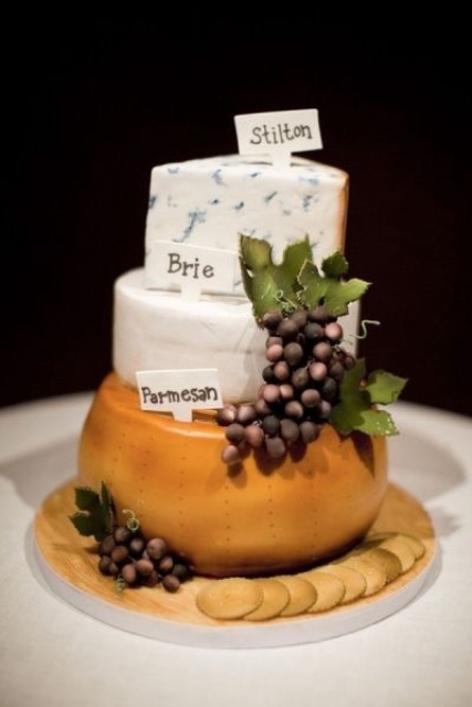 a simple and cool cheese stack wedding cake with sugar grapes and greenery and markers is a fantastic solution for a wedding