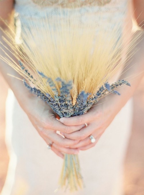 a rustic wedding bouquet of lilac and wheat is a nice idea for a summer to fall or just summer boho bride