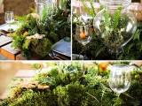 a lush woodland table runner made of greenery, succulents, mushrooms and jars with succulents and air plants
