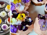 blush mini cakes and cupcakes topped with bright edible blooms – pansies, violets, nasturtiums, lemon marigold