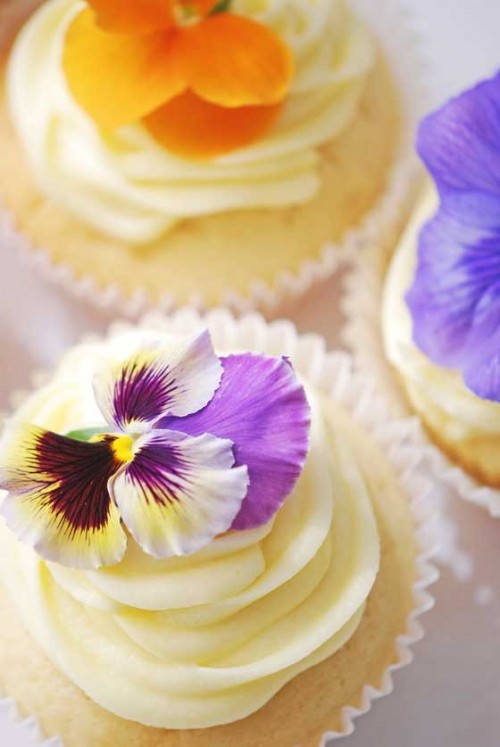 wedding cupcakes with vanilla frosting and pansies look bright, chic and very summer-like