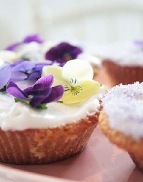 delicious summer wedding cupcakes topped with purple and lemon pansies are a lovely idea for a spring or summer wedding