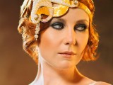 a whimsical embellished headpiece in white and gold, with pearls and beads is a lovely art deco accessory to rock