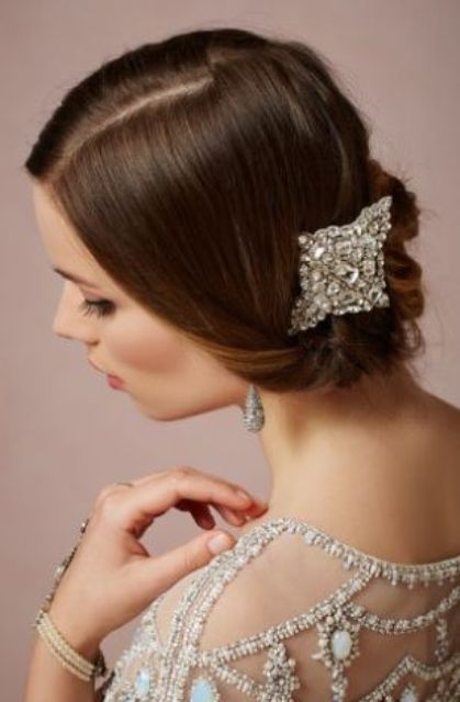 an embellished hairpiece and statement earrings will make your bridal look very refined, chic and stylish