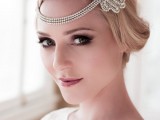 an embellished art decor bridal headpiece with rows of rhinestones will be an amazing addition to an art deco bridal look