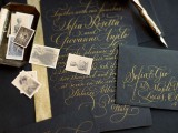 sophisticated black and gold weddding stationery suite with calligraphy