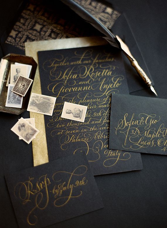 sophisticated black and gold weddding stationery suite with calligraphy